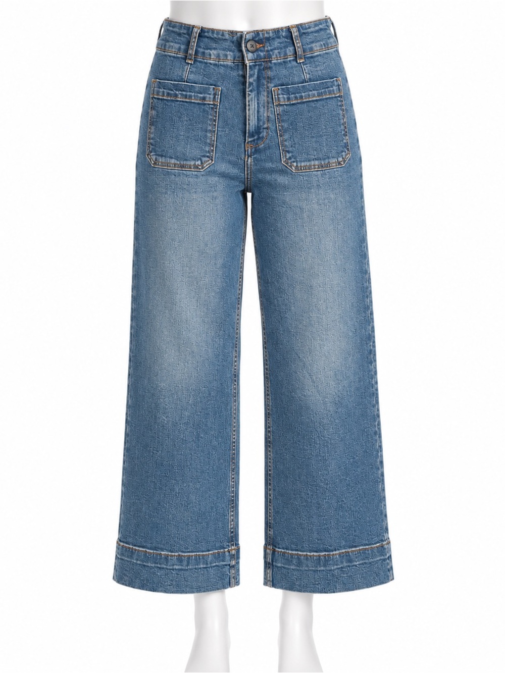 bagatelle Light Blue Wide-Leg Cropped Jeans with Patch Pockets. Stretch